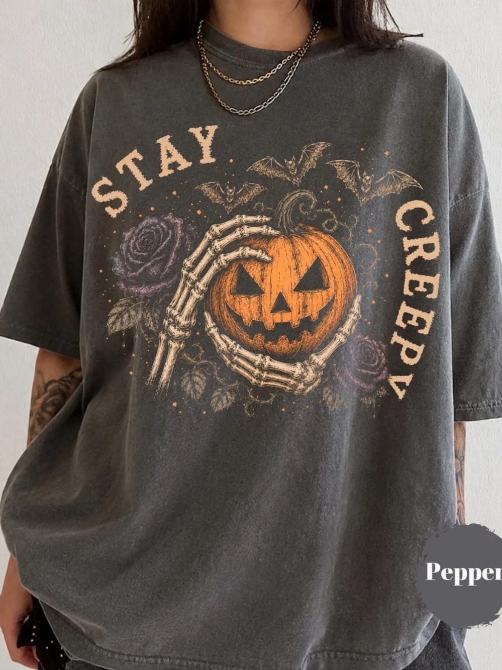 Comfort Colors Stay Creepy Pumpkin Graphic Tee - pepper with Orange & Cream
